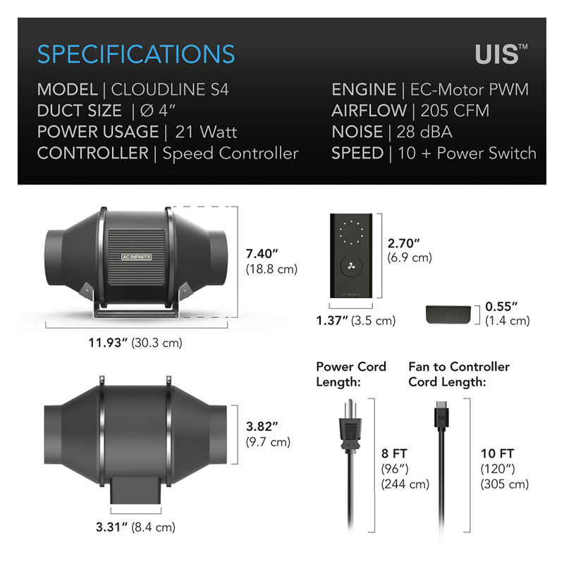 Wentylator AC Infinity Quiet Inline 100mm 350m3/h 10 trybów + kontroler prędkości