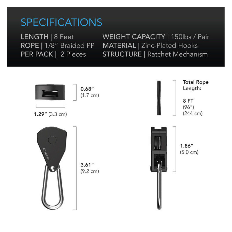 AC Infinity rope clip hangers - wytrzymałe regulowane uchwyty wieszaki/zawieszki do sprzętu max 68kg
