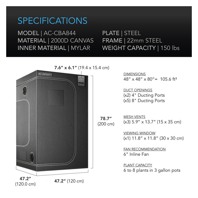 AC Infinity Cloudlab 844 120x120x200cm Mylar 2000D namiot do uprawy