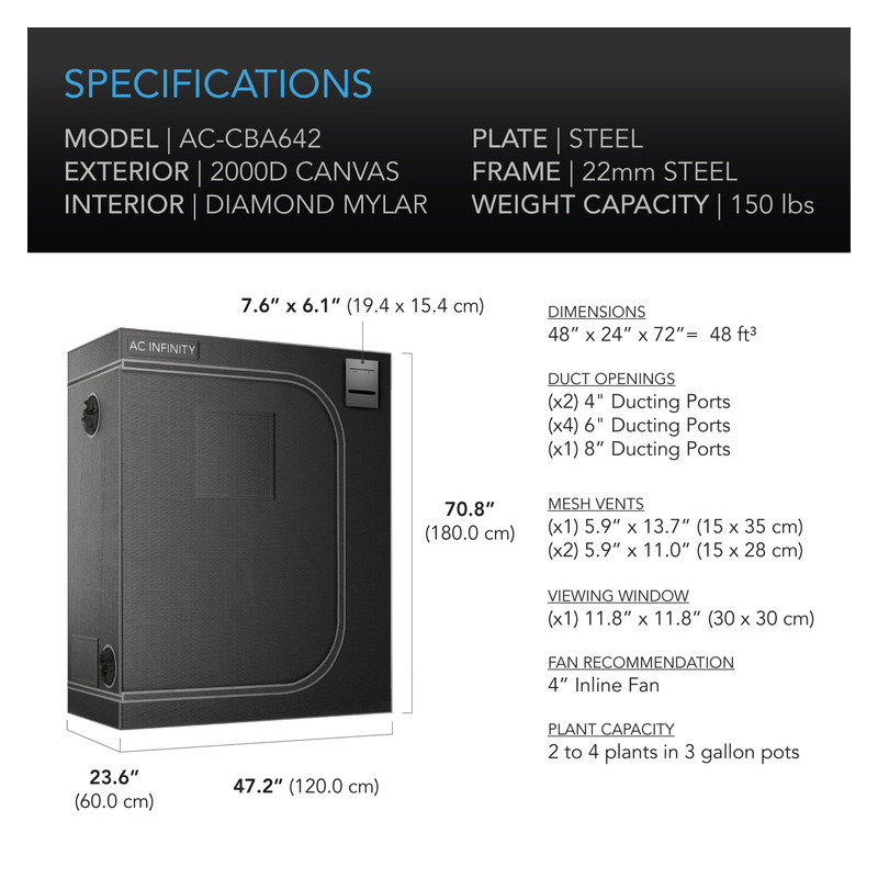 AC Infinity Cloudlab 642 120x60x180cm Mylar 2000D namiot do uprawy