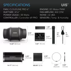 Zestaw wentylacyjny AC Infinity 150mm 680 m3/h - wentylator kanałowy z inteligentnym kontrolerem temp. i wilgotności, filtr węgl