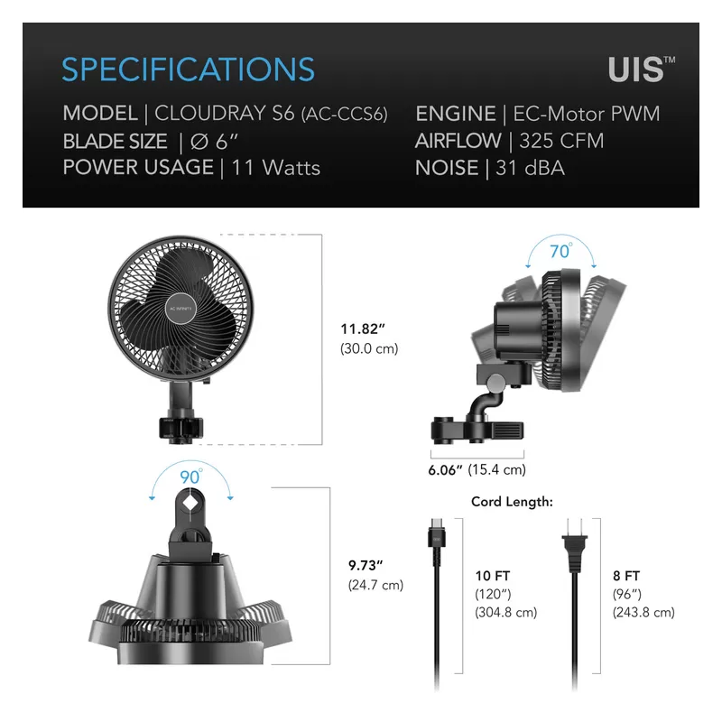 AC Infinity Cloudray S6 Oscillating Clip Fan 12W 10-speed fi 160mm - wentylator mieszający z klipsem