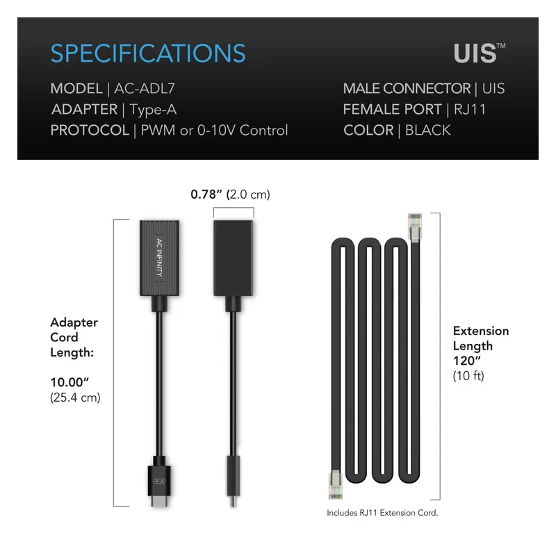 AC Infinity AC-ADL7 Adapter oświetleniowy UIS typu A do oświetlenia ze złączem RJ11/12 i ściemniaczami PWM lub 0-10V AC Infinity AC-ADL7 Adapter oświetleniowy UIS typu A do oświetlenia ze złączem RJ11/12 i ściemniaczami PWM lub 0-10V