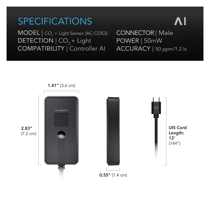 AC Infinity Czujnik CO₂ i światła do Kontrolera AI+ – inteligentne monitorowanie poziomu CO₂