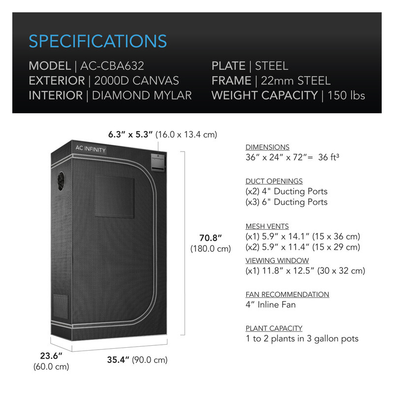 AC Infinity Cloudlab 632 90x60x180cm Mylar 2000D namiot do uprawy