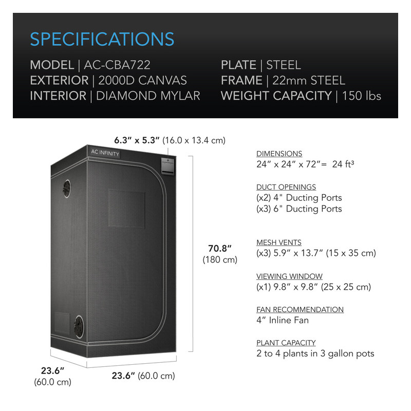 AC Infinity Cloudlab 722 60x60x180cm Mylar 2000D namiot do uprawy