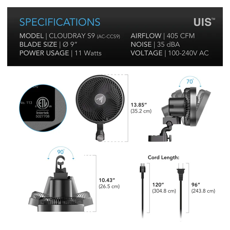 AC Infinity Cloudray S9 Oscillating Clip Fan 11W 10-speed fi 230mm - wentylator mieszający z klipsem