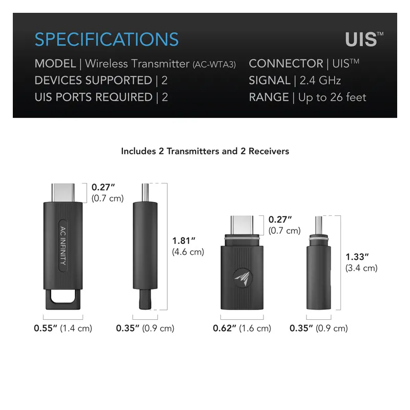 AC Infinity Nadajnik i odbiornik bezprzewodowy UIS 1-do-1 do urządzeń i kontrolerów UIS, opakowanie 2 szt.