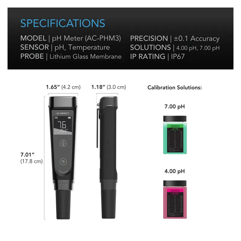 AC Infinity pH Meter PRO Kit z wymienną elektrodą - miernik pH i temp. + płyny kalibracyjne