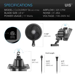 AC Infinity Cloudray S6 Gen 2 Oscillating Clip Fan 12W 10-speed fi 150mm - wentylator mieszający z klipsem