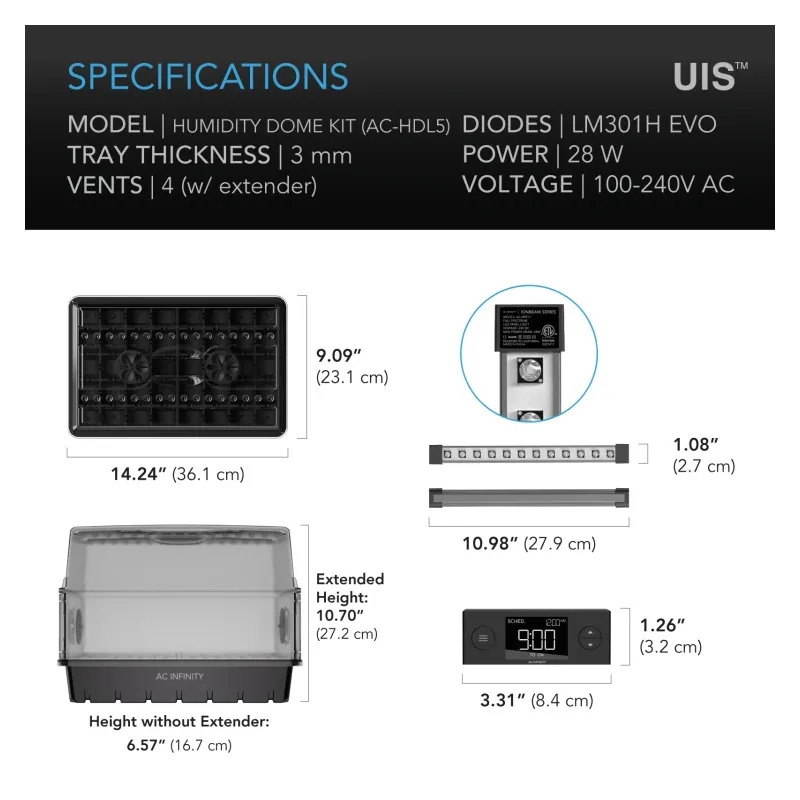 AC Infinity Propagator Premium 36x16x23 cm – regulowane oświetlenie LED + timer